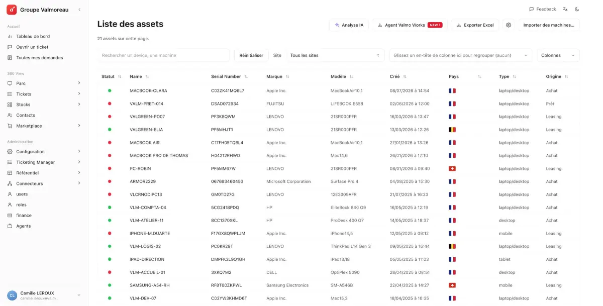 Tableau de bord Digiworks : liste des assets, statut, marque, modèle et origine du parc