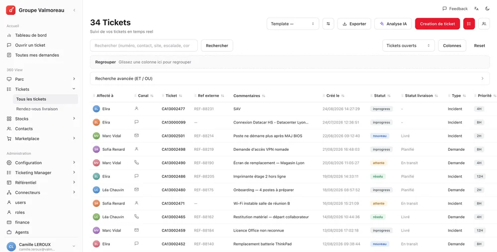 Digiworks · Suivi des tickets : statut, priorité, canal et affectation en temps réel